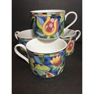 Set 4 Fantasia Cups Mosaic Stoneware PTS Int’l Interiors Teacup Blue Pink Floral